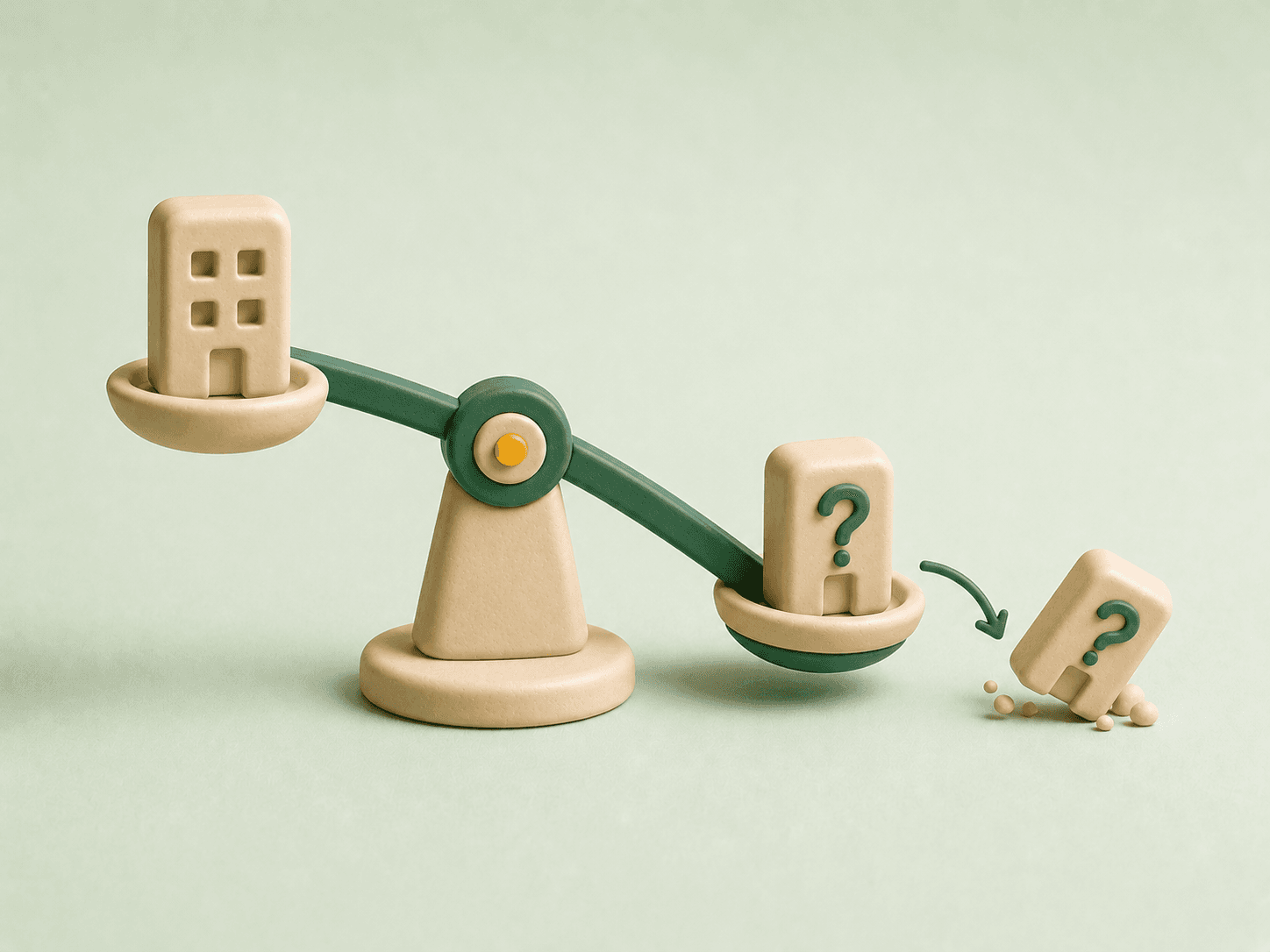 weegschaal in clay: twijfel weegt naar laten vallen, niet naar sturen.
