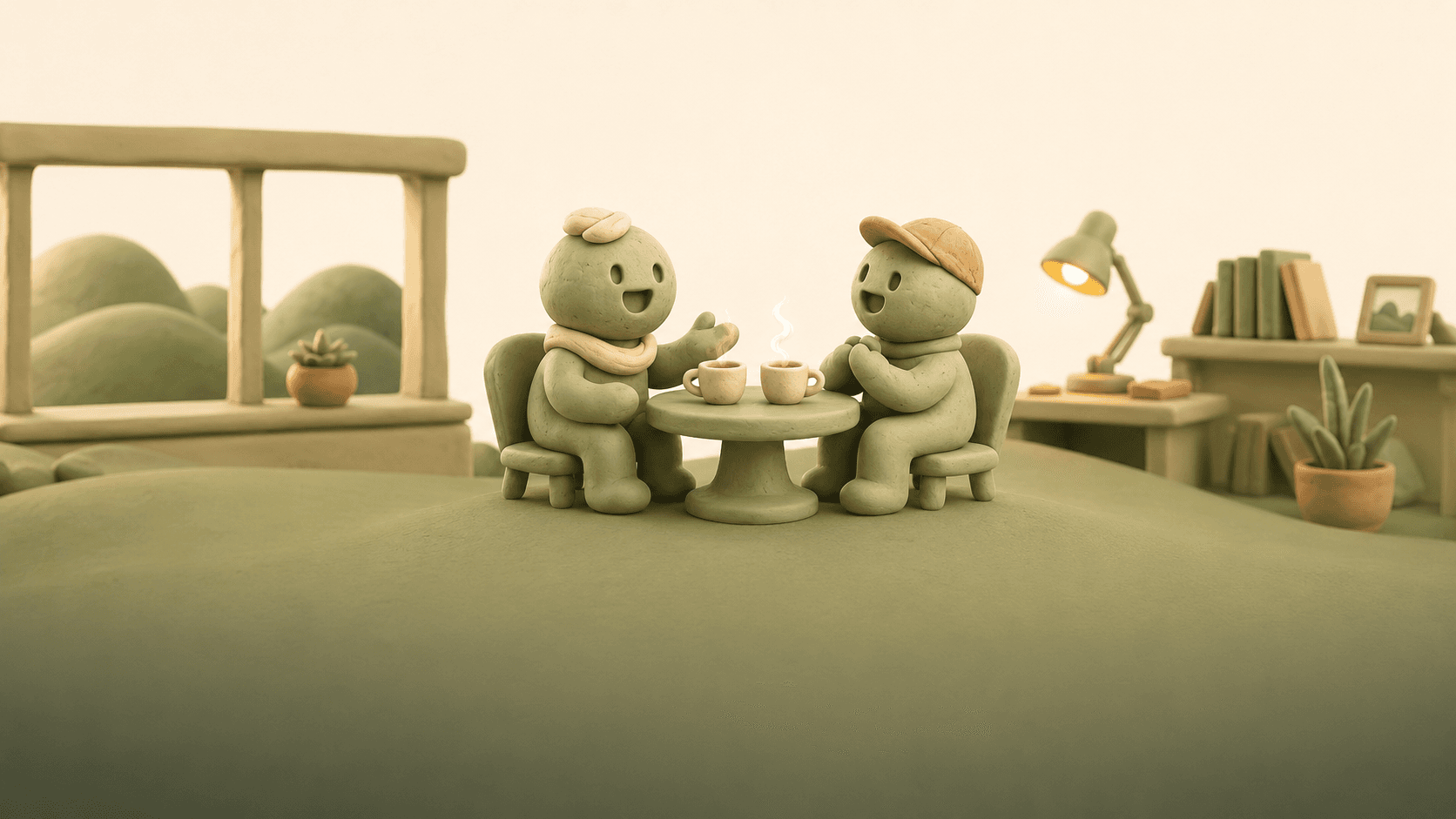 Twee mensen rustig in gesprek aan tafel, in klei.